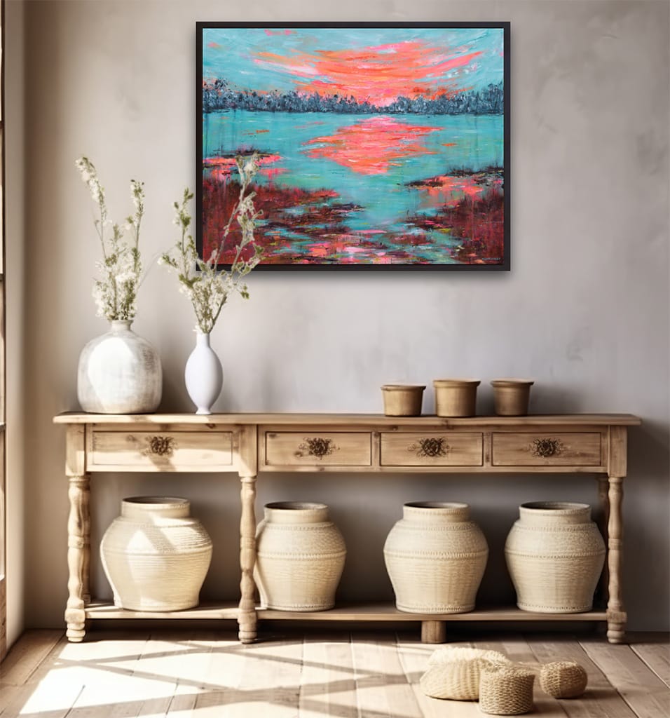 Original acrylic painting of a waterscape featuring a sunrise or sunset on the marshes on canvas size 24" x 30"