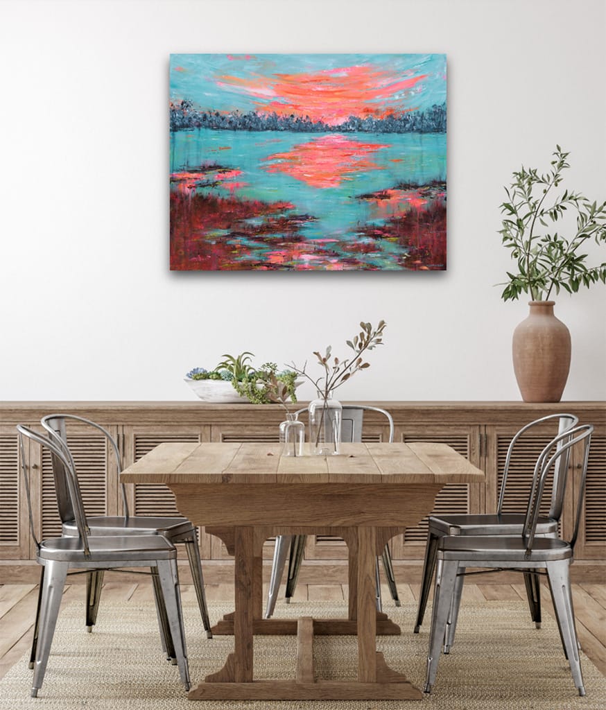 Original acrylic painting of a waterscape featuring a sunrise or sunset on the marshes on canvas size 24" x 30"