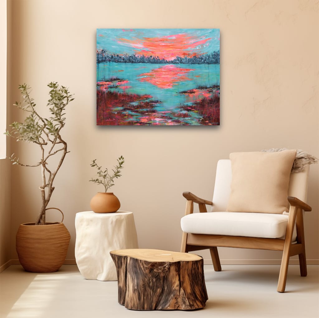 Original acrylic painting of a waterscape featuring a sunrise or sunset on the marshes on canvas size 24" x 30"