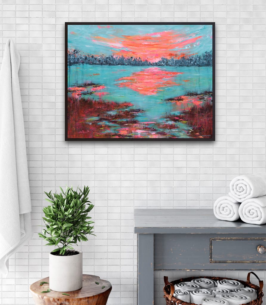 Original acrylic painting of a waterscape featuring a sunrise or sunset on the marshes on canvas size 24" x 30"