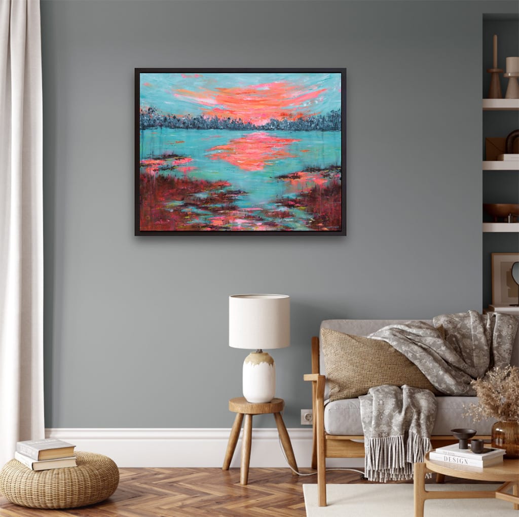 Original acrylic painting of a waterscape featuring a sunrise or sunset on the marshes on canvas size 24" x 30"