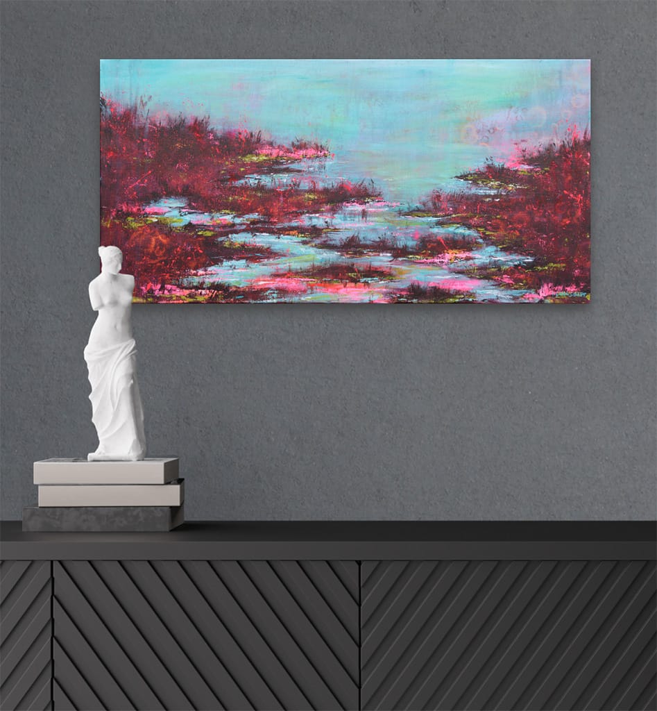 Contemporary impressionist abstract painting of a marshland scenery on canvas size 12" x 24"