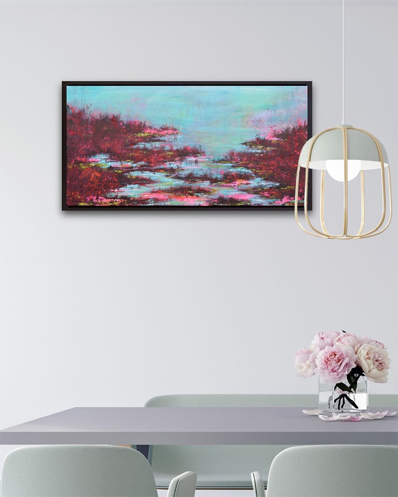 Contemporary impressionist abstract painting of a marshland scenery on canvas size 12" x 24"