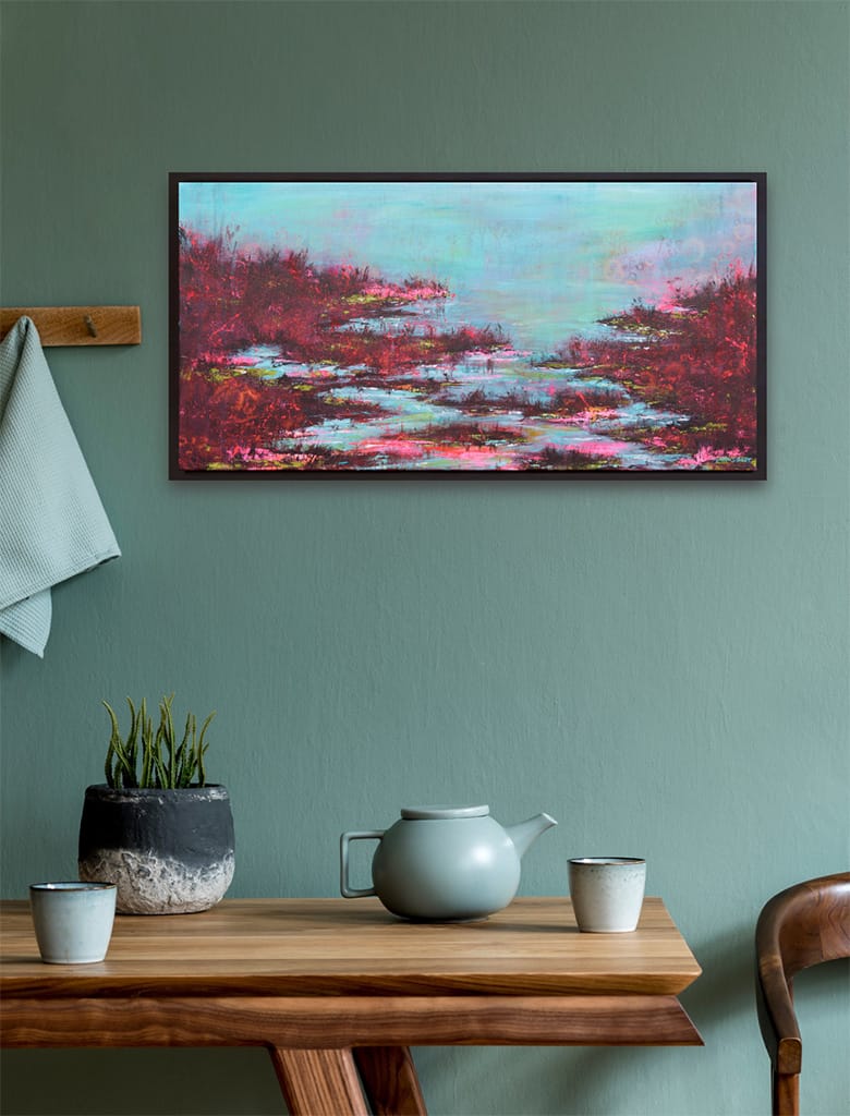 Contemporary impressionist abstract painting of a marshland scenery on canvas size 12" x 24"