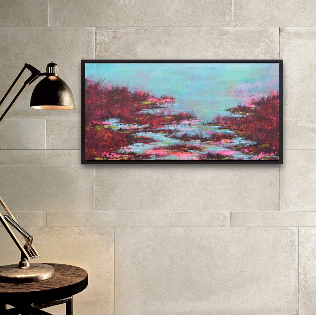 Contemporary impressionist abstract painting of a marshland scenery on canvas size 12" x 24"