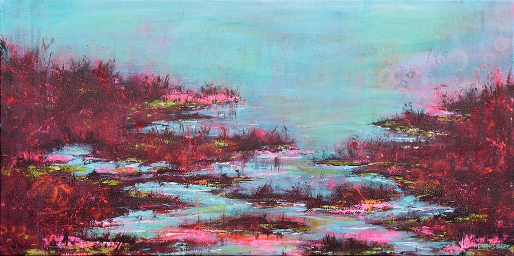 Contemporary impressionist abstract painting of a marshland scenery on canvas size 12" x 24"