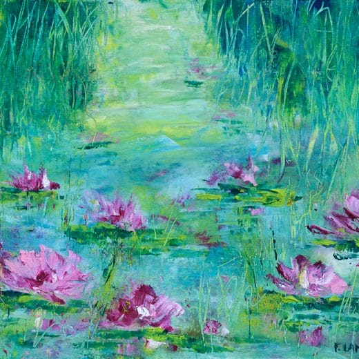 Original oil and cold wax impressionist painting of a waterlily pond on Arches oil paper size 8" x 10"