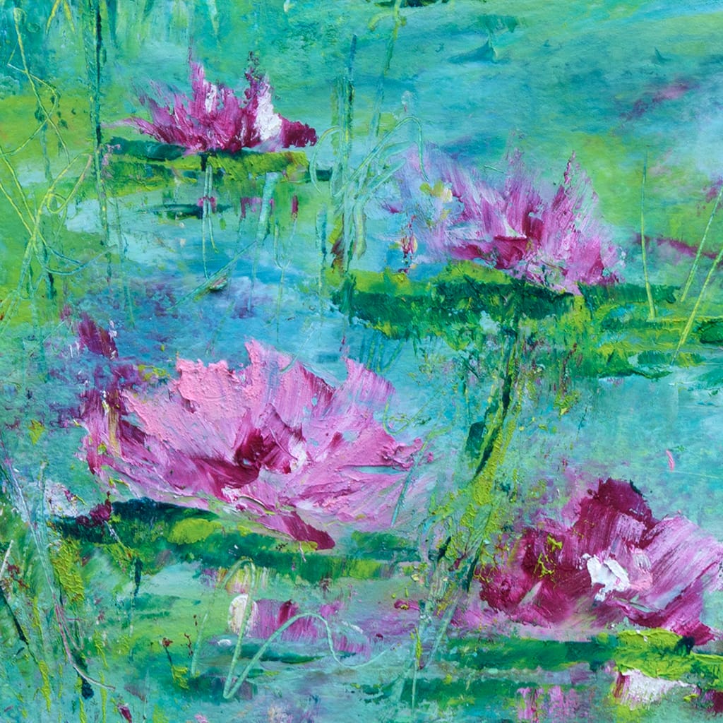 Original oil and cold wax impressionist painting of a waterlily pond on Arches oil paper size 8" x 10"