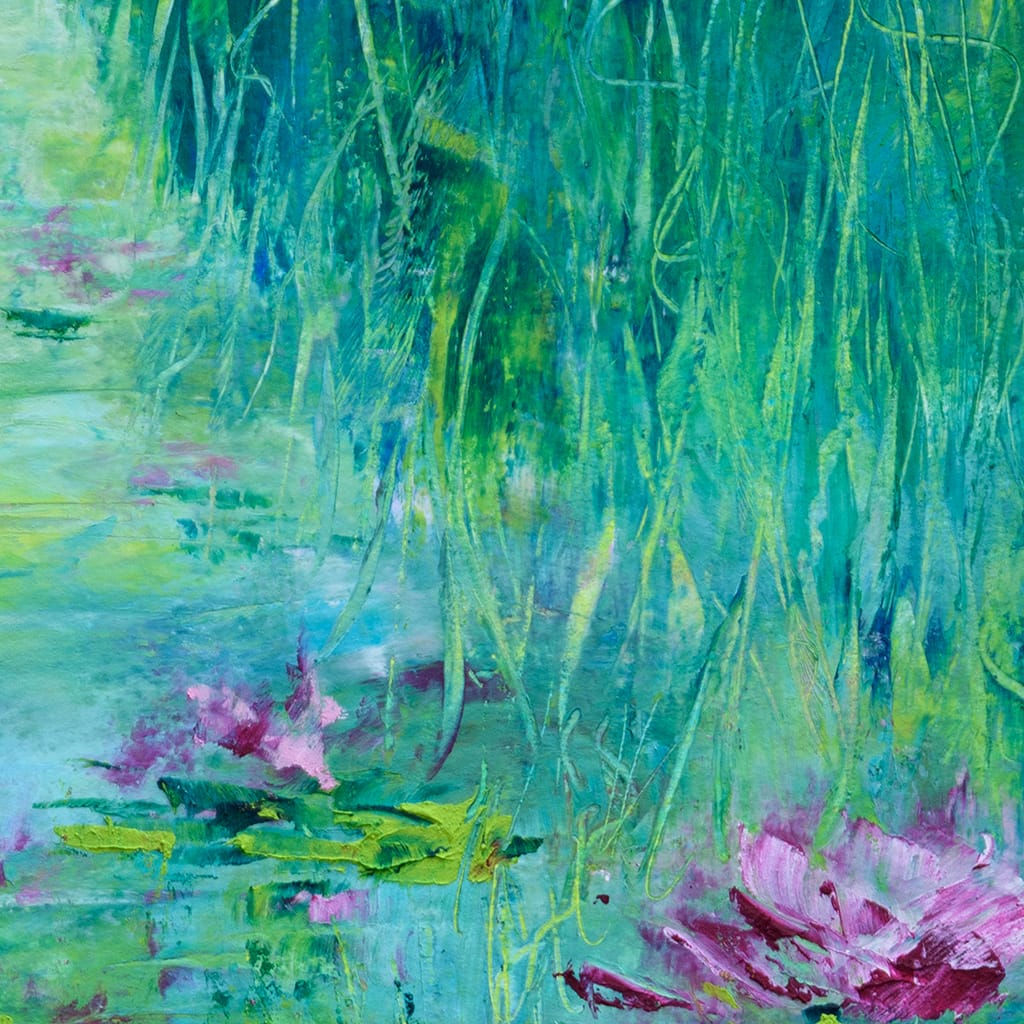 Original oil and cold wax impressionist painting of a waterlily pond on Arches oil paper size 8" x 10"