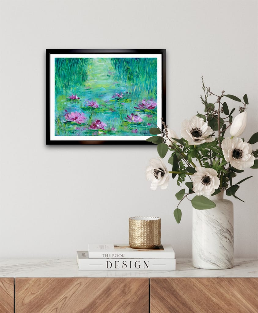Original oil and cold wax impressionist painting of a waterlily pond on Arches oil paper size 8" x 10"