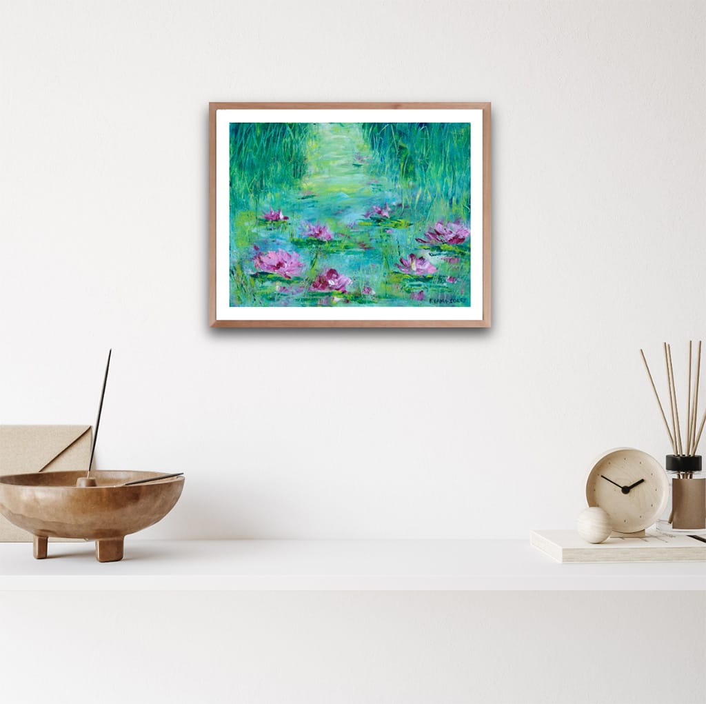 Original oil and cold wax impressionist painting of a waterlily pond on Arches oil paper size 8" x 10"