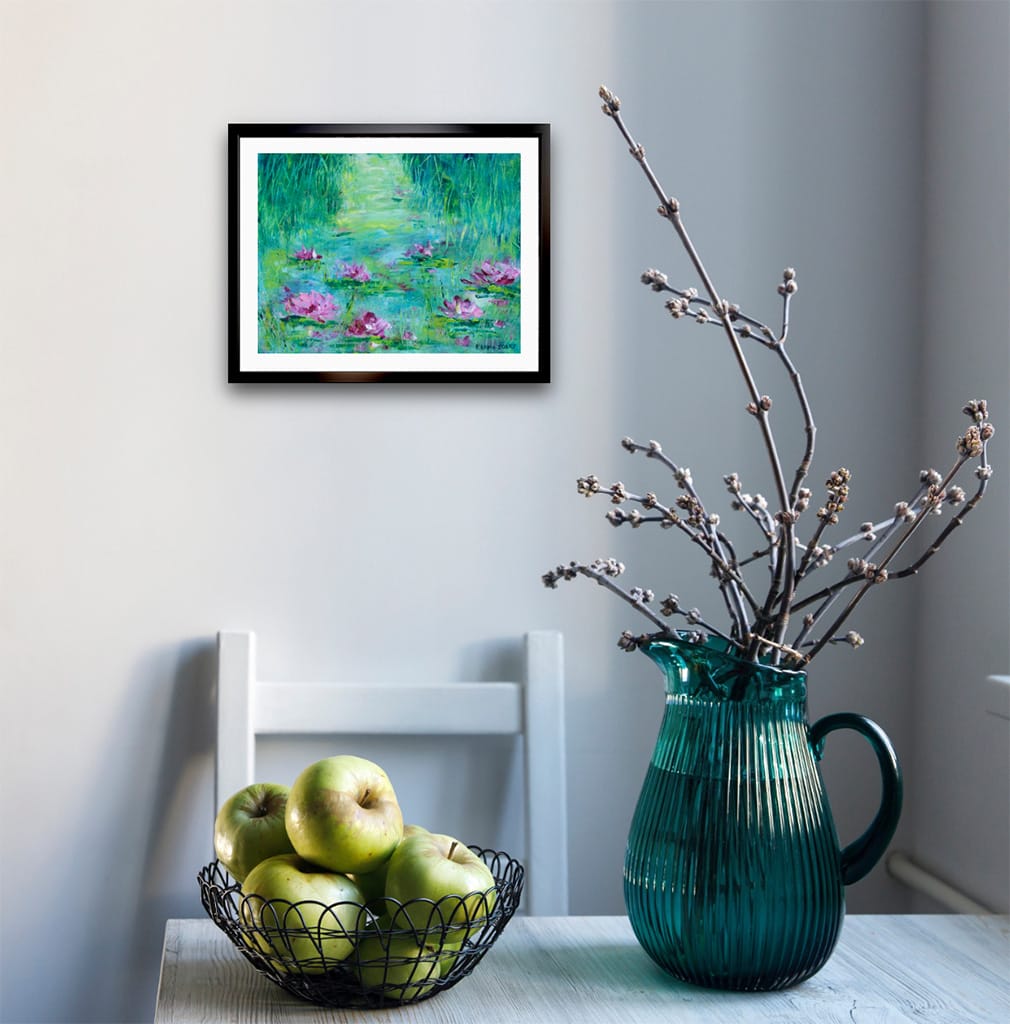 Original oil and cold wax impressionist painting of a waterlily pond on Arches oil paper size 8" x 10"