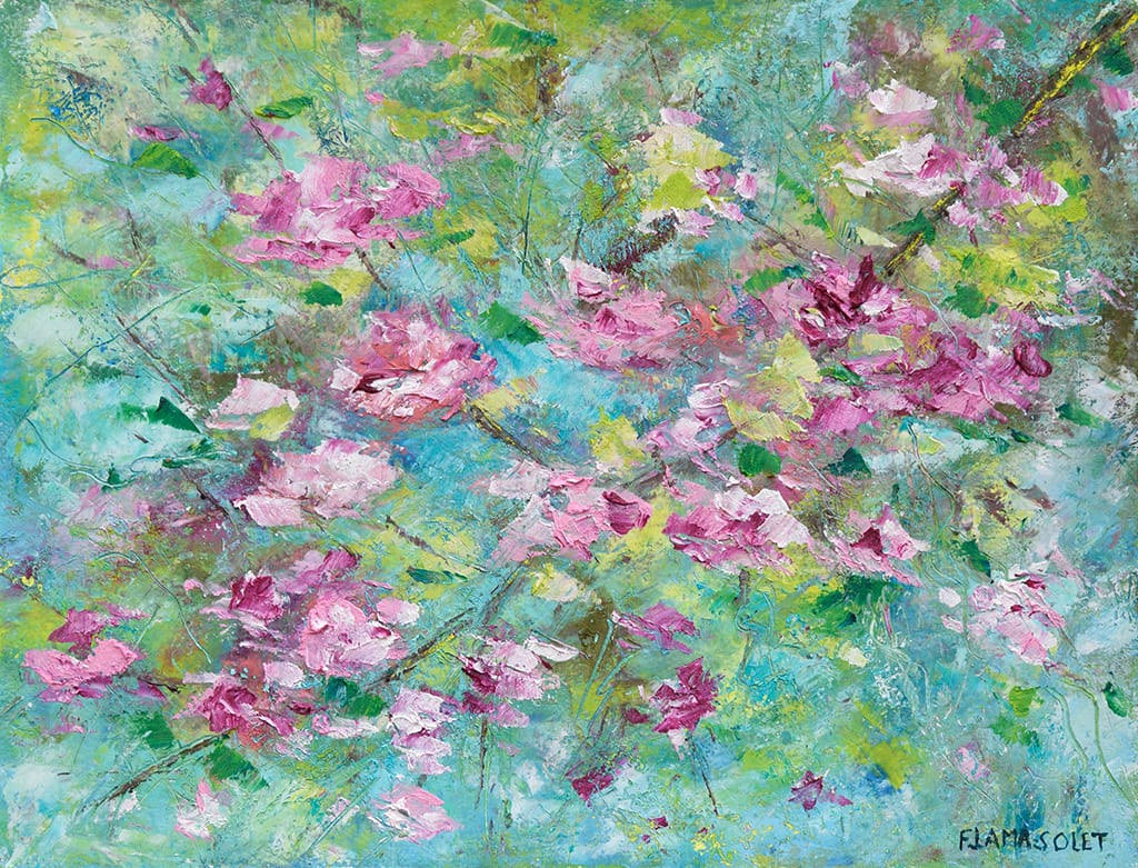 Original oil and cold wax impressionist painting of cherry blossoms painted on Arches oil paper size 8" x 10"