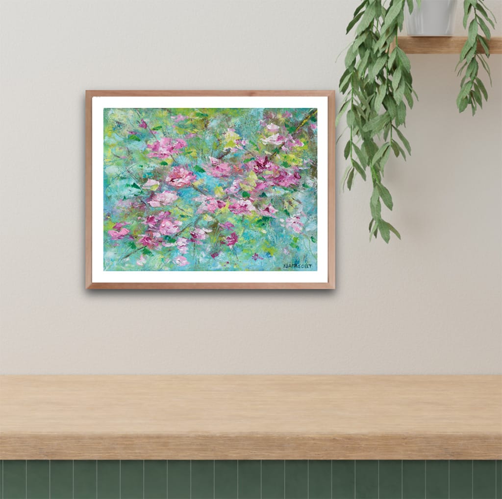 Original oil and cold wax impressionist painting of cherry blossoms painted on Arches oil paper size 8" x 10"
