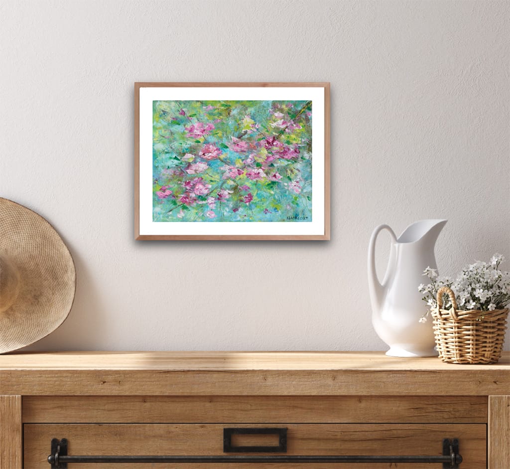 Original oil and cold wax impressionist painting of cherry blossoms painted on Arches oil paper size 8" x 10"