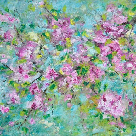 Contemporary impressionist oil painting of cherry blossoms on wood panel size 11" x 14"