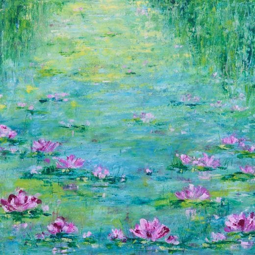 Contemporary impressionist oil painting of a waterlily pond on wood panel size 16" x 20"