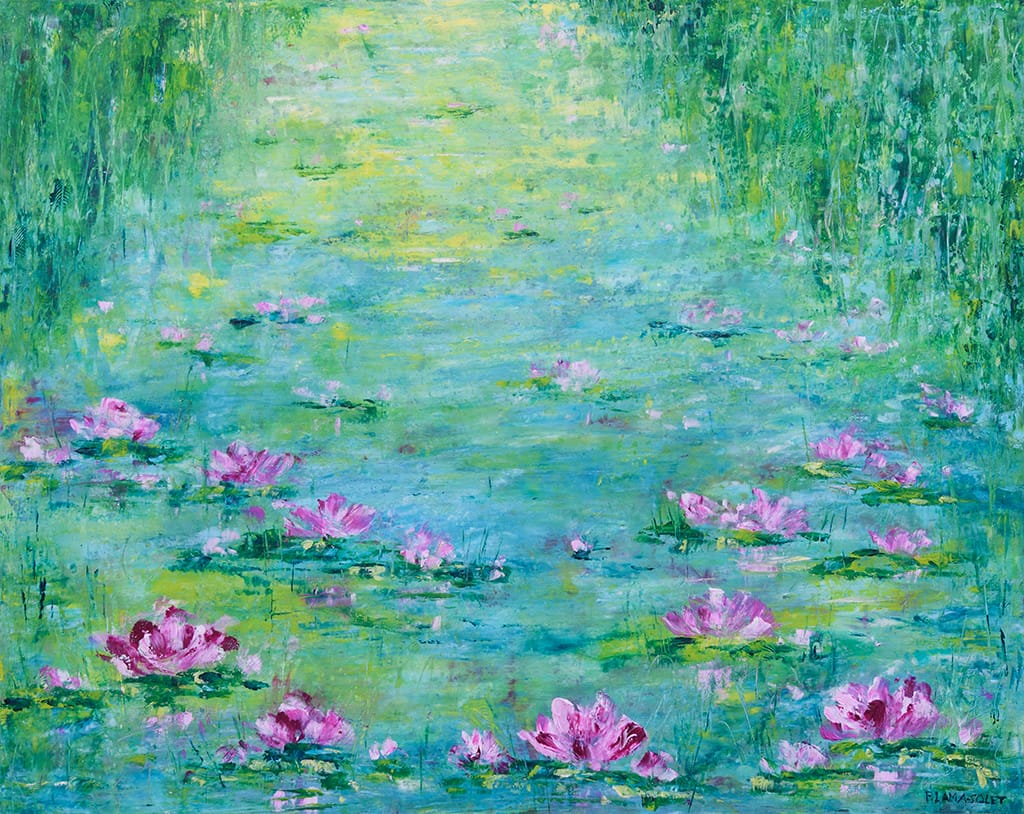 Contemporary impressionist oil painting of a waterlily pond on wood panel size 16" x 20"