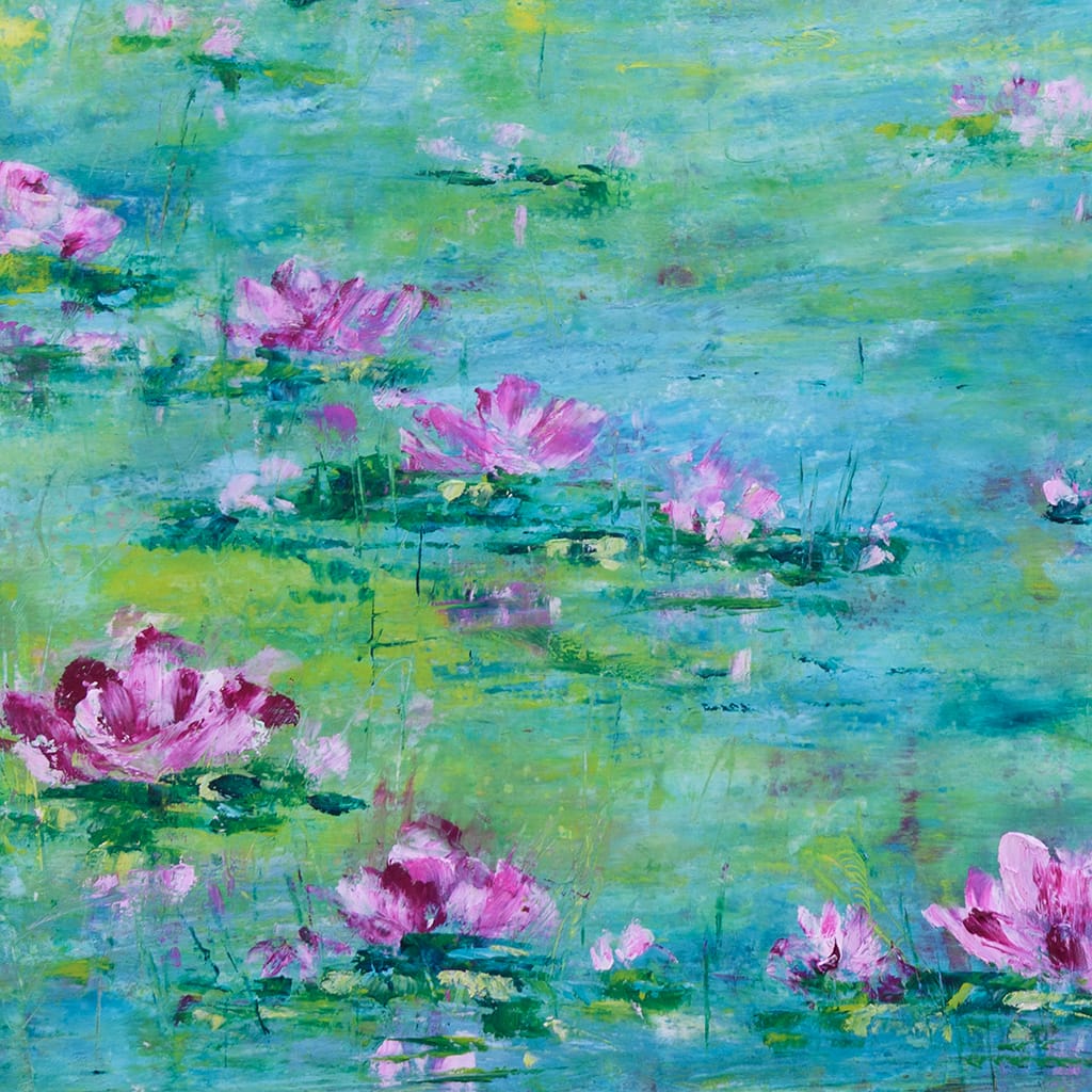 Contemporary impressionist oil painting of a waterlily pond on wood panel size 16" x 20"