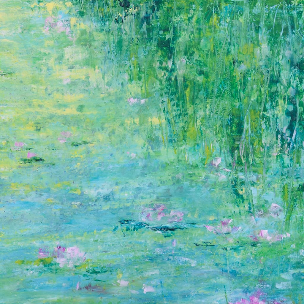 Contemporary impressionist oil painting of a waterlily pond on wood panel size 16" x 20"