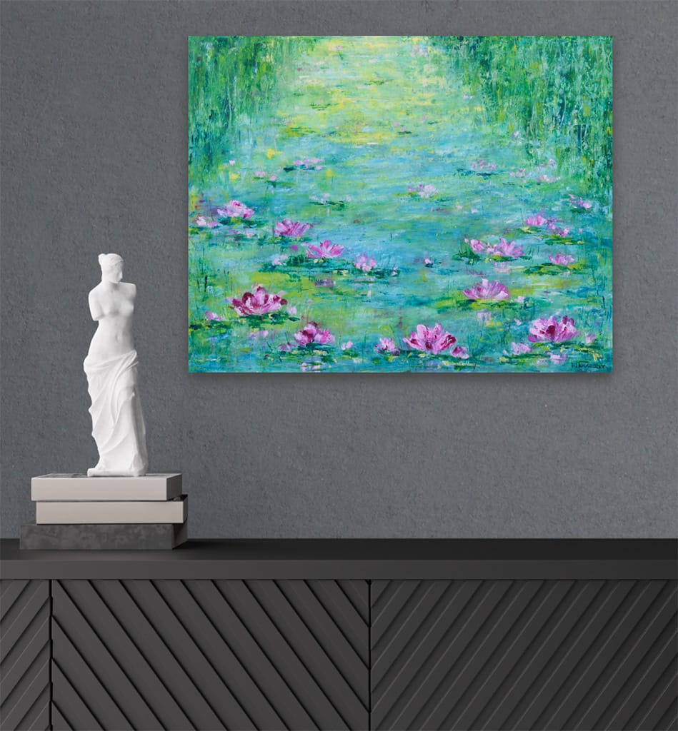 Contemporary impressionist oil painting of a waterlily pond on wood panel size 16" x 20"