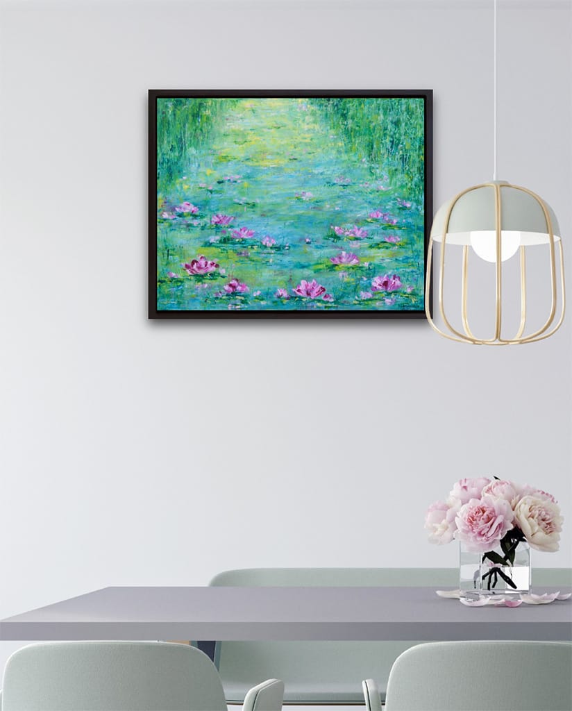 Contemporary impressionist oil painting of a waterlily pond on wood panel size 16" x 20"