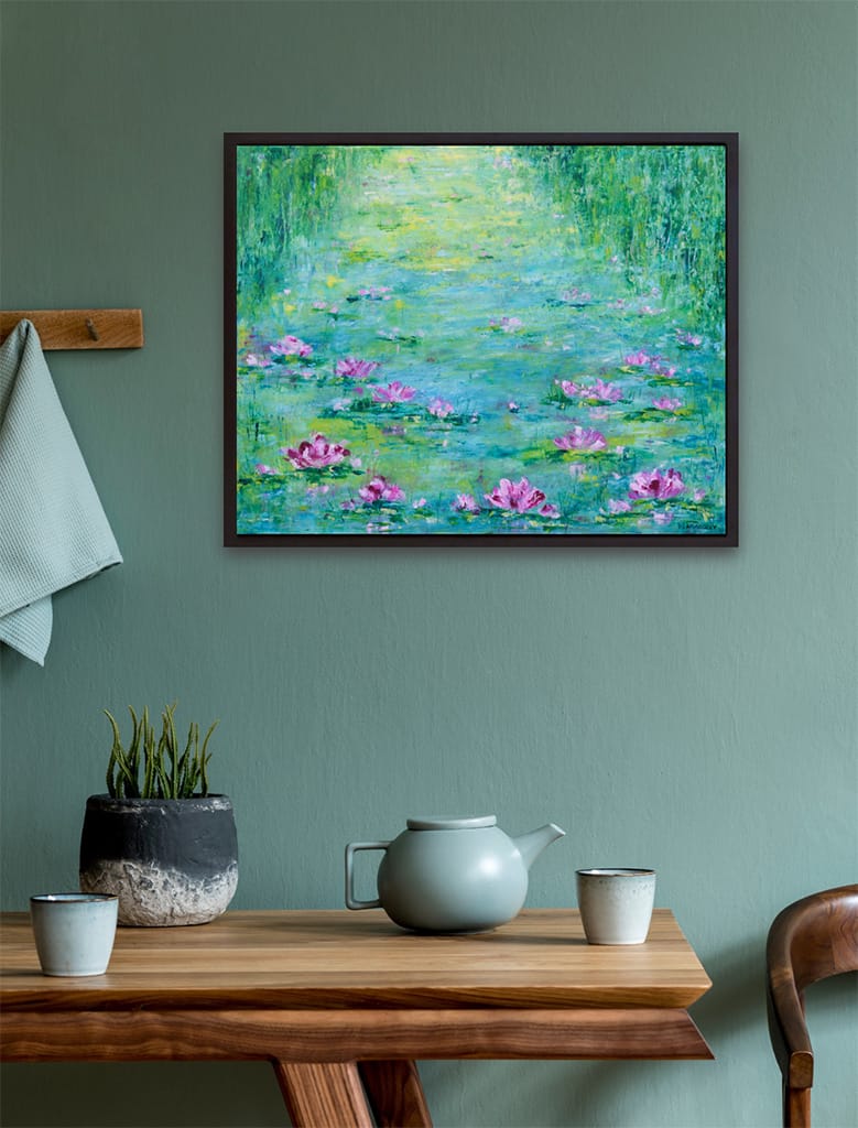 Contemporary impressionist oil painting of a waterlily pond on wood panel size 16" x 20"