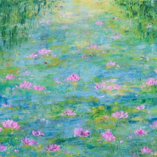 Contemporary impressionist oil and cold wax painting of a serene waterlily pond on wood panel size 24" x 30"
