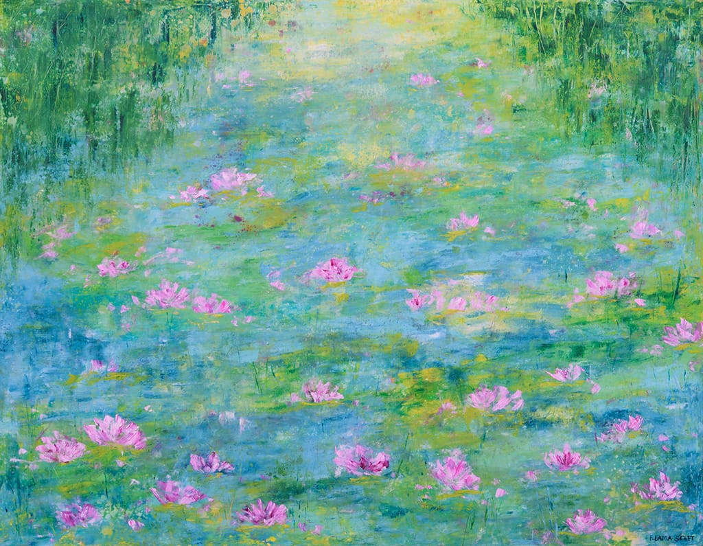 Contemporary impressionist oil and cold wax painting of a serene waterlily pond on wood panel size 24" x 30"