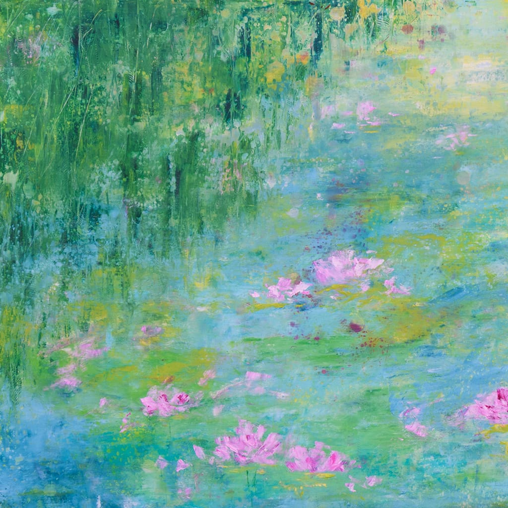 Contemporary impressionist oil and cold wax painting of a serene waterlily pond on wood panel size 24" x 30"