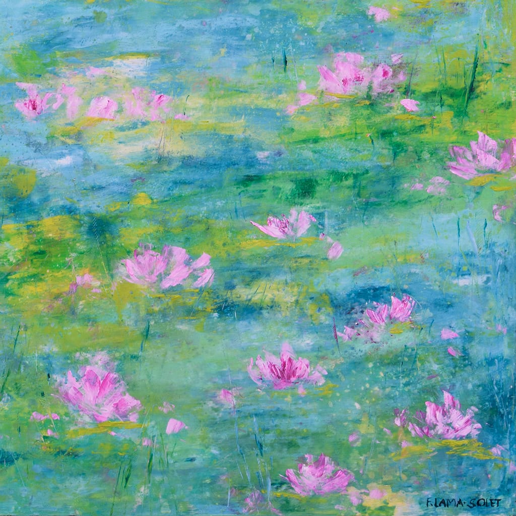 Contemporary impressionist oil and cold wax painting of a serene waterlily pond on wood panel size 24" x 30"