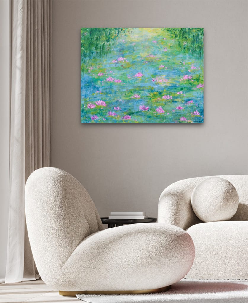 Contemporary impressionist oil and cold wax painting of a serene waterlily pond on wood panel size 24" x 30"