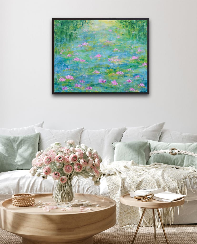 Contemporary impressionist oil and cold wax painting of a serene waterlily pond on wood panel size 24" x 30"