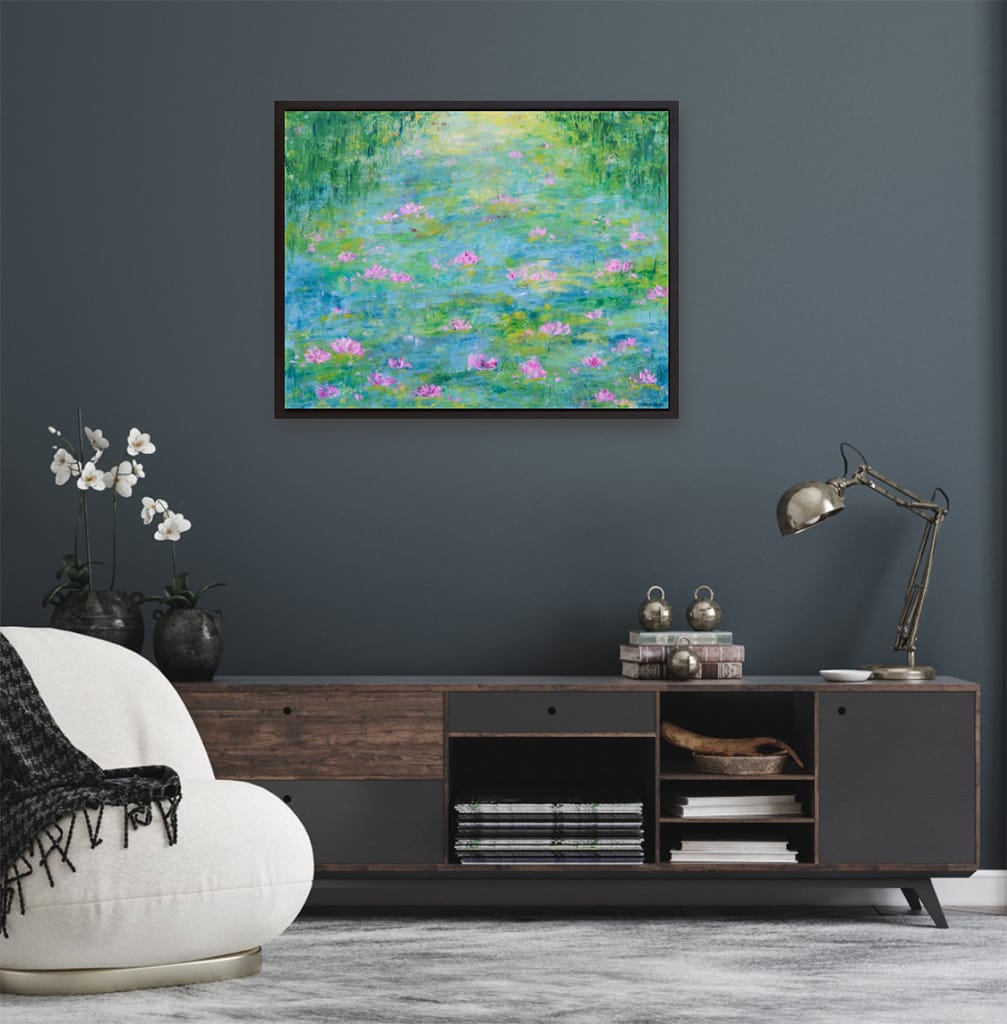 Contemporary impressionist oil and cold wax painting of a serene waterlily pond on wood panel size 24" x 30"