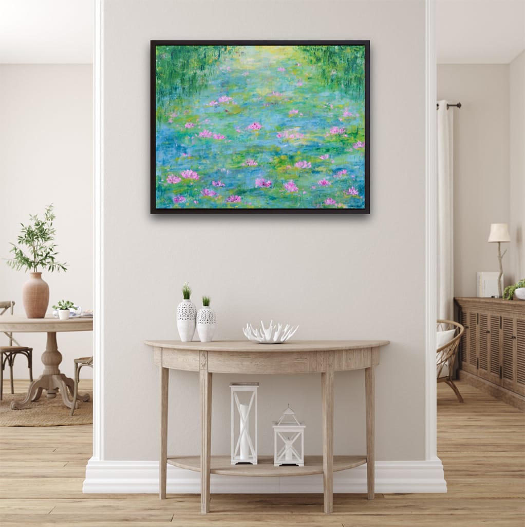 Contemporary impressionist oil and cold wax painting of a serene waterlily pond on wood panel size 24" x 30"