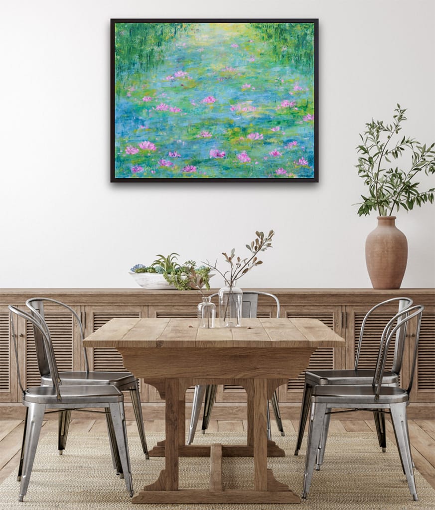 Contemporary impressionist oil and cold wax painting of a serene waterlily pond on wood panel size 24" x 30"
