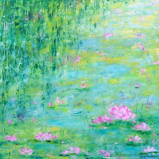 Original contemporary oil and cold wax painting of a waterlily pond painting on wood panel size 16" x 16"