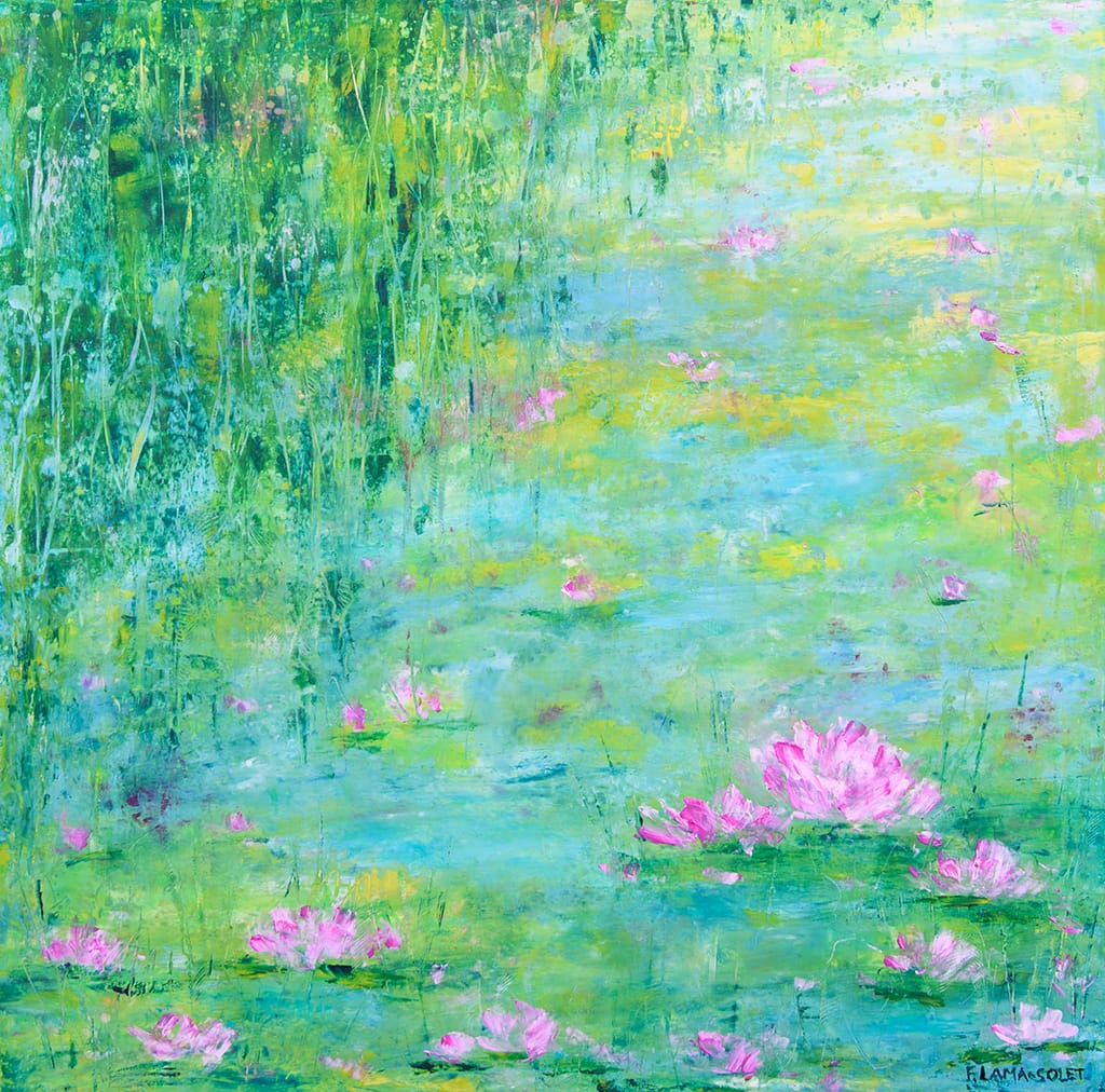 Original contemporary oil and cold wax painting of a waterlily pond painting on wood panel size 16" x 16"