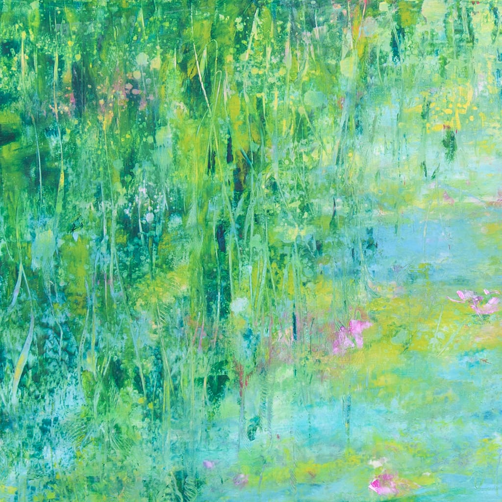 Original contemporary oil and cold wax painting of a waterlily pond painting on wood panel size 16" x 16"