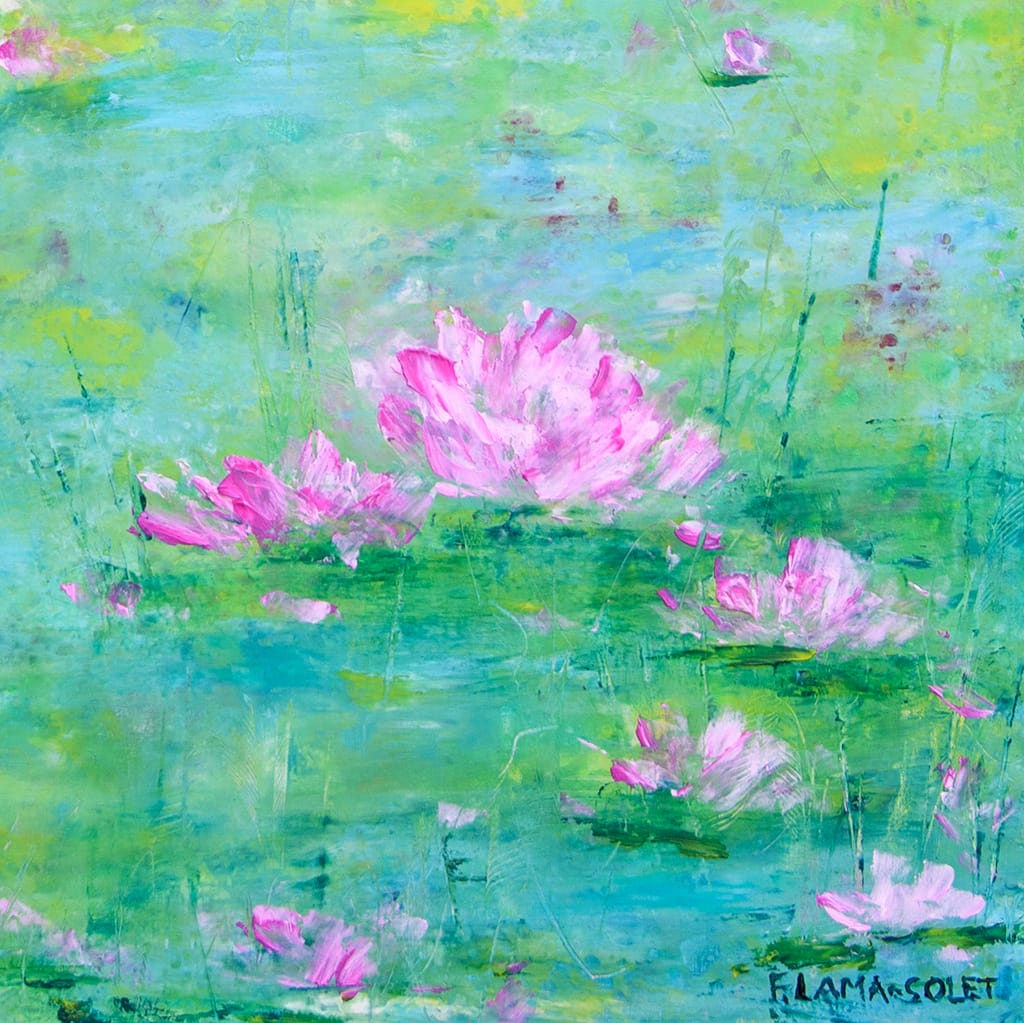 Original contemporary oil and cold wax painting of a waterlily pond painting on wood panel size 16" x 16"