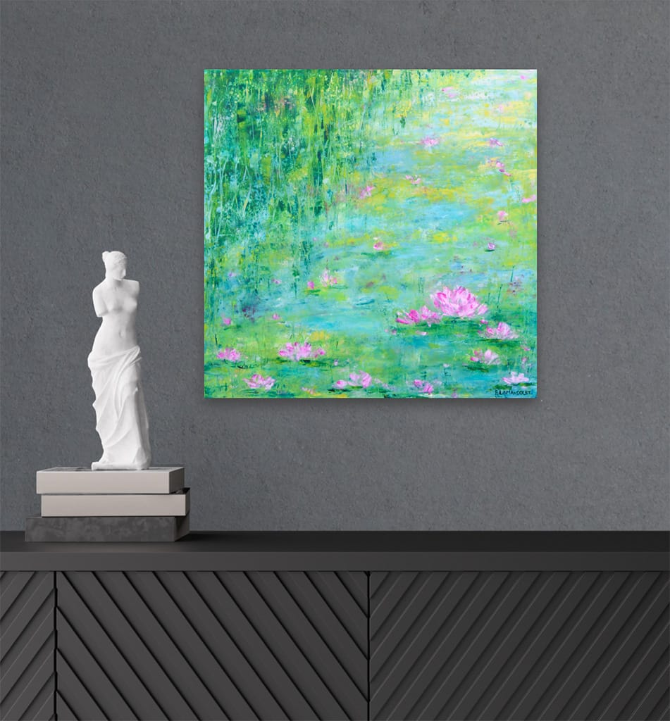 Original contemporary oil and cold wax painting of a waterlily pond painting on wood panel size 16" x 16"
