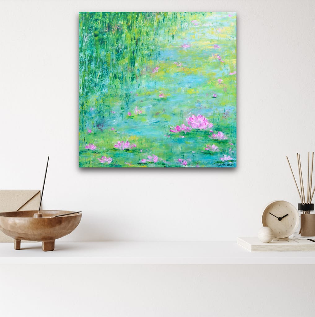 Original contemporary oil and cold wax painting of a waterlily pond painting on wood panel size 16" x 16"