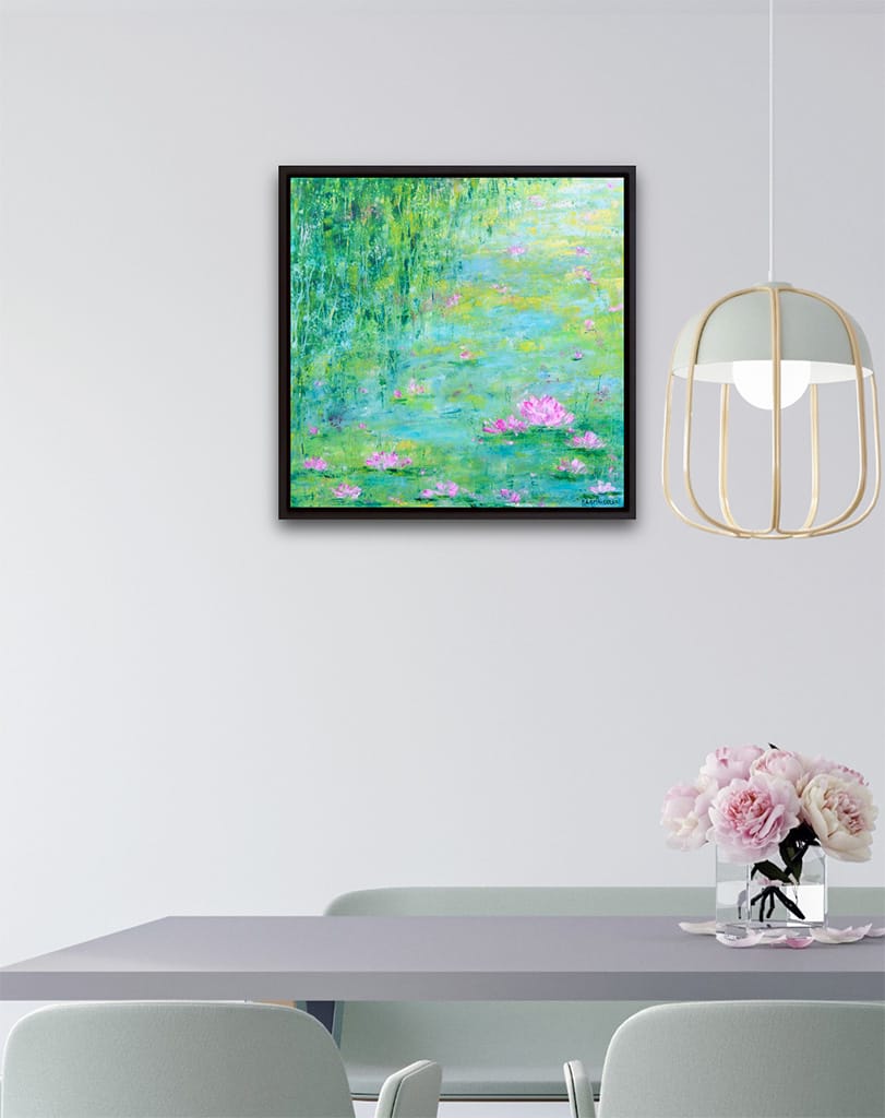 Original contemporary oil and cold wax painting of a waterlily pond painting on wood panel size 16" x 16"