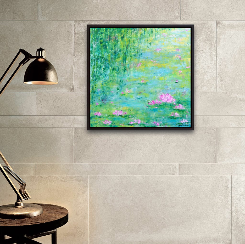 Original contemporary oil and cold wax painting of a waterlily pond painting on wood panel size 16" x 16"