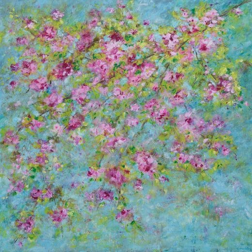 Original contemporary impressionist oil and cold wax painting of cherry blossoms on wood panel size 36" x 36"