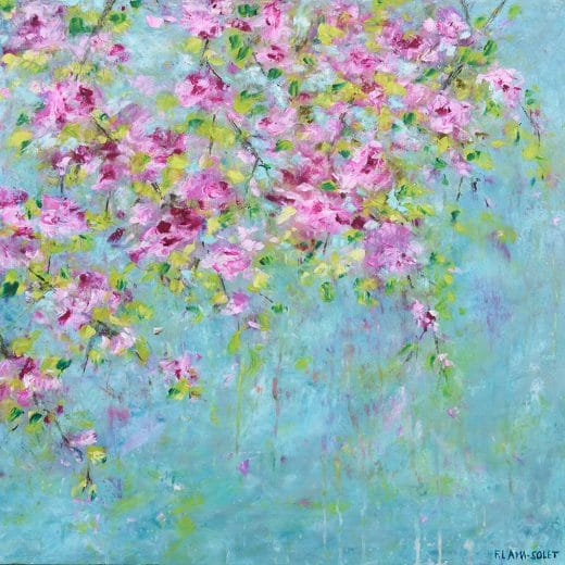 Original impressionist oil and cold wax painting of cherry blossoms on wood panel size 16" x 16"