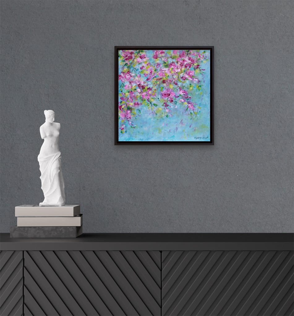 Original impressionist oil and cold wax painting of spring blossoms on panel size 10" x 10"