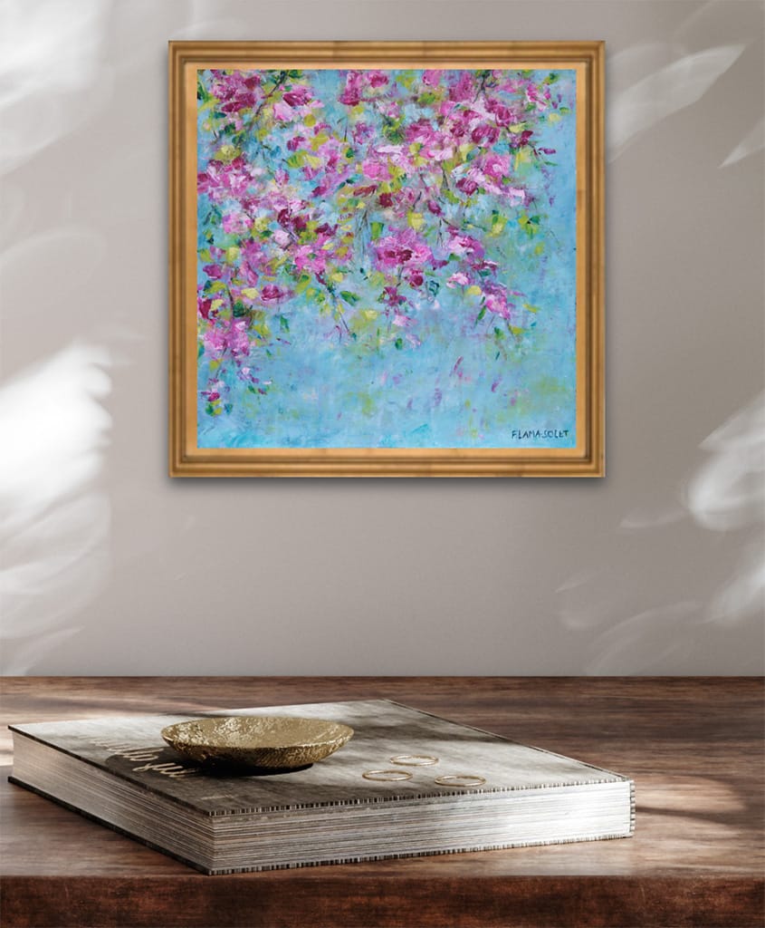 Original impressionist oil and cold wax painting of spring blossoms on panel size 10" x 10"