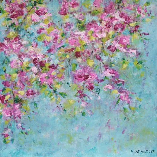 Original impressionist oil and cold wax painting of spring blossoms on panel size 10" x 10"