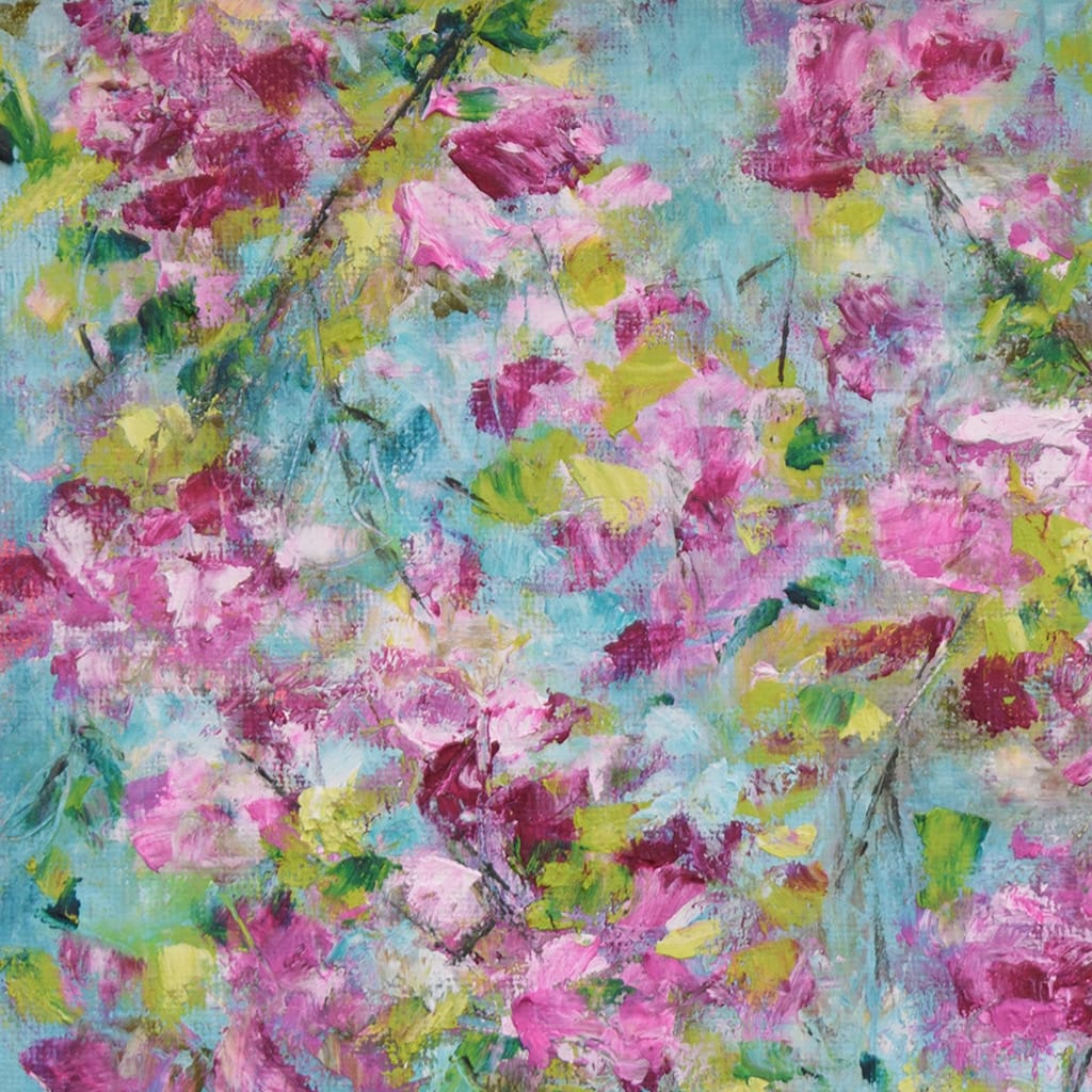 Original impressionist oil and cold wax painting of spring blossoms on panel size 10" x 10"